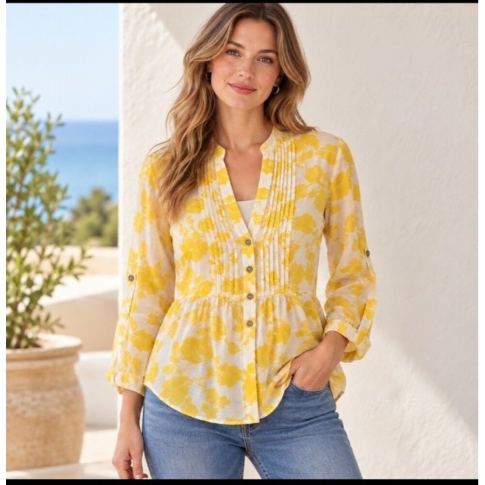 EUC Maeve Anthropologie Blouse 6 Yellow Floral Sheer Cotton Pintuck Roll Tab